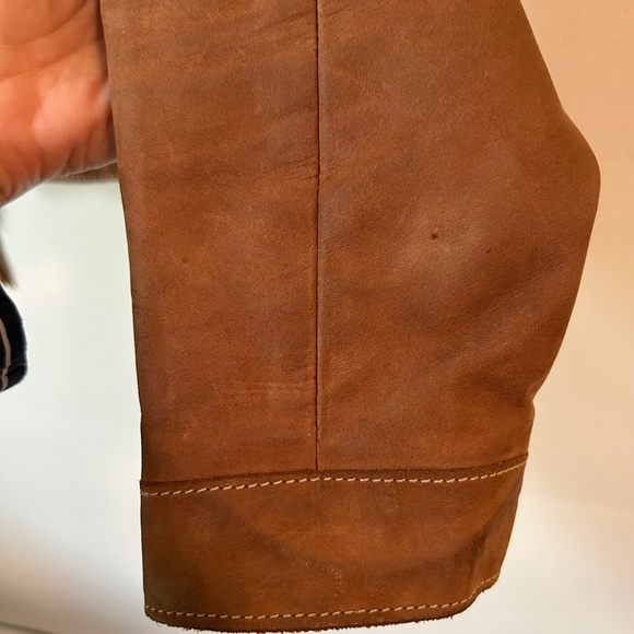 Roots Tan Brown Nubuck Leather Moto Jacket Tab Collar Zip Up - Sz 6 - Picture 16 of 16